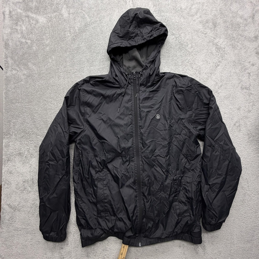 Volcom Jacket Mens XL Black Windbreaker Hooded Lined Full Zip Pockets